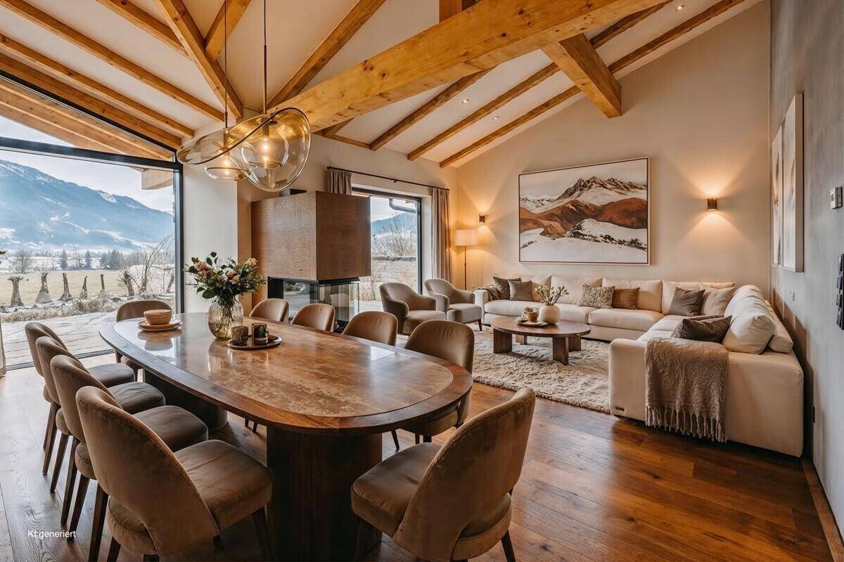 Geräumiger Wohn-Essbereich mit Holzbalken, Kamin und Panoramablick auf die Berge.