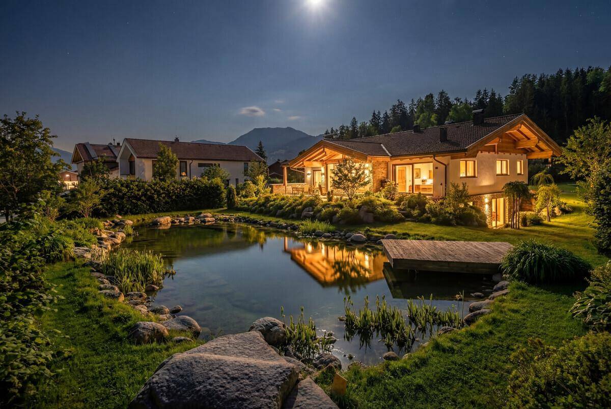 Beleuchtetes Haus bei Nacht mit spiegelndem Naturteich unter dem Mondlicht und Sternen.