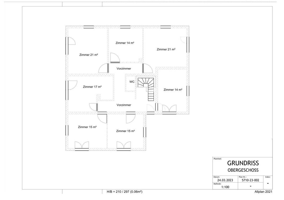 Grundriss des Obergeschosses mit mehreren Zimmern und einem separaten WC.