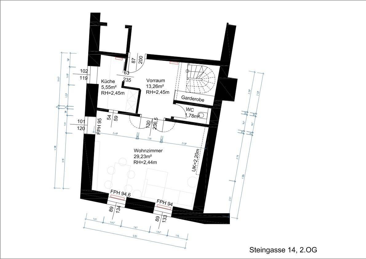 Grundriss des zweiten Obergeschosses mit Küche, Wohnzimmer und separatem WC.