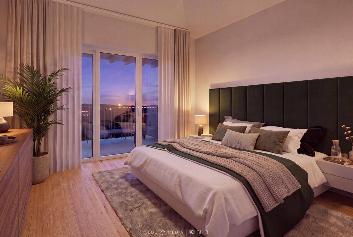 Gemütliches Schlafzimmer mit Holzboden, großem Bett und Zugang zu einem Balkon bei Sonnenuntergang.