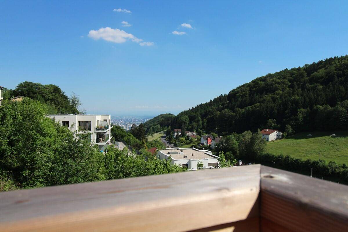 Panoramablick über bewaldete Hügel und eine Siedlung mit Häusern, unter blauem Himmel.