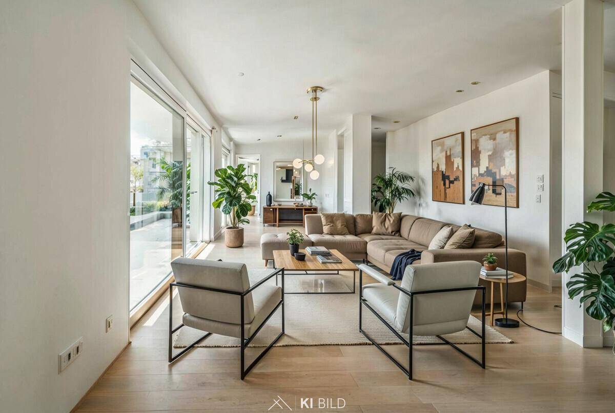 Helles, modernes Wohnzimmer mit großen Fenstern, bequemer Couch und Holzboden.