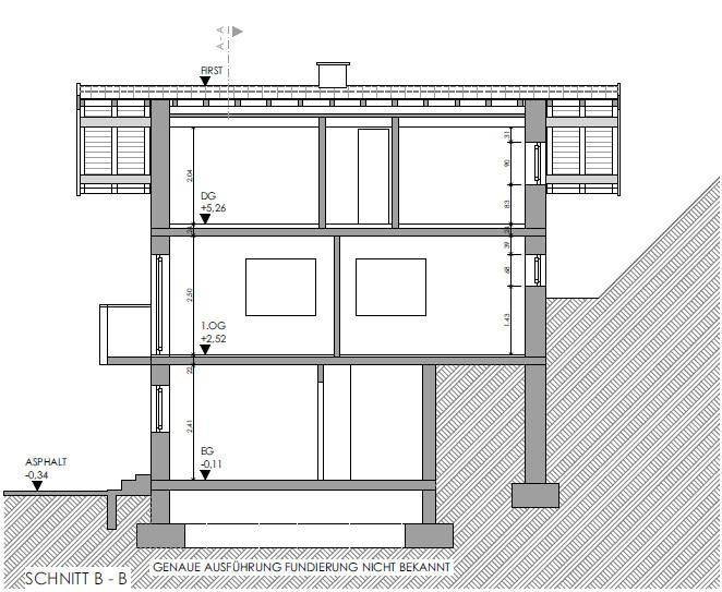 Schnittansicht B-B des Gebäudes zeigt die vertikale Struktur und die Dachform.