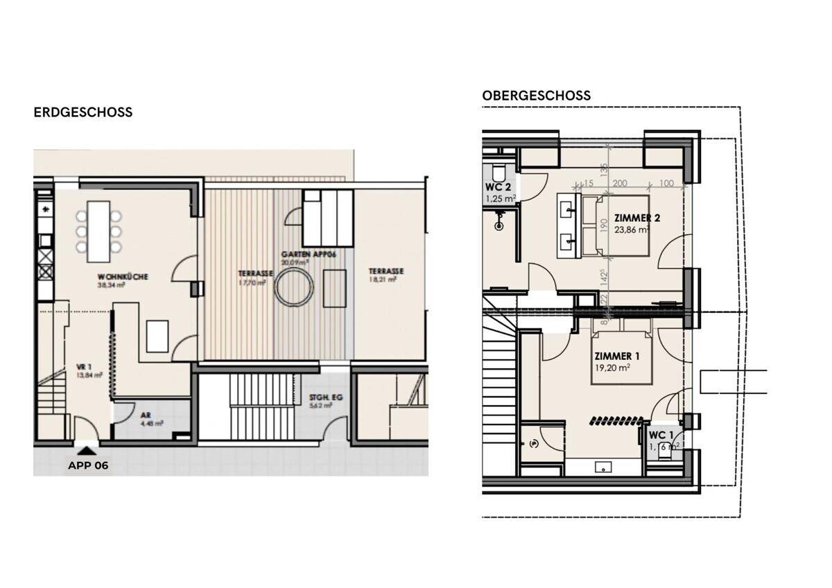 Grundriss für Erdgeschoss und Obergeschoss mit Wohnküche, Zimmern und Terrassen.
