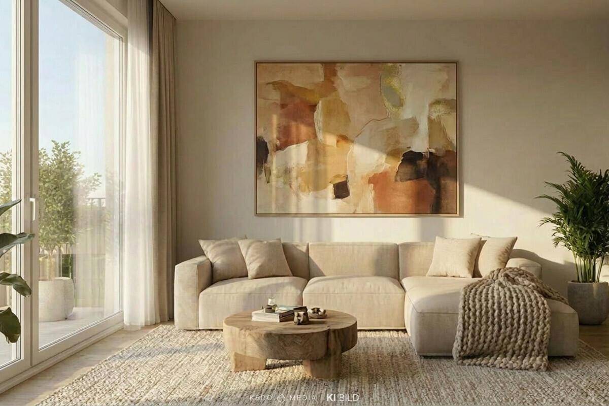 Helles Wohnzimmer mit beigem Sofa, Holztisch und großem Fenster mit Zugang zum Balkon.