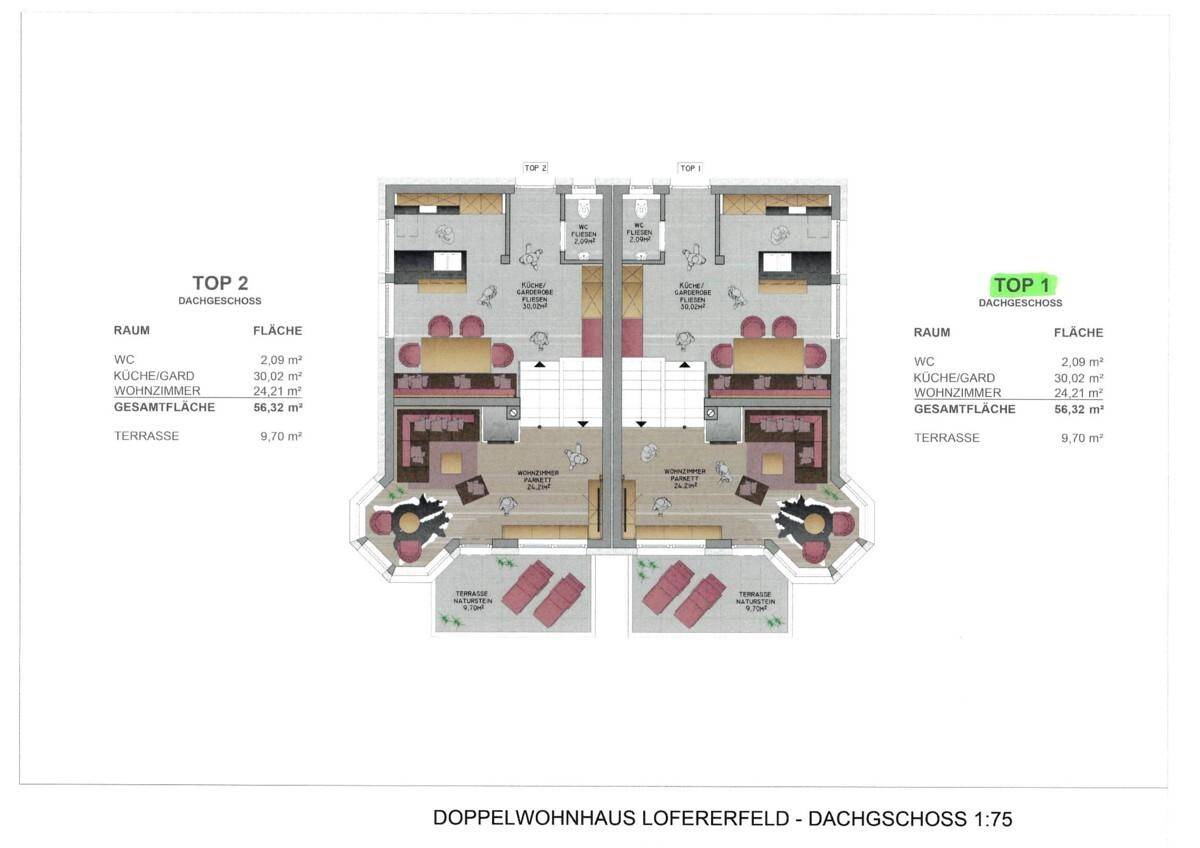 Grundriss des Dachgeschosses eines Doppelwohnhauses mit Wohnbereich und Terrasse.