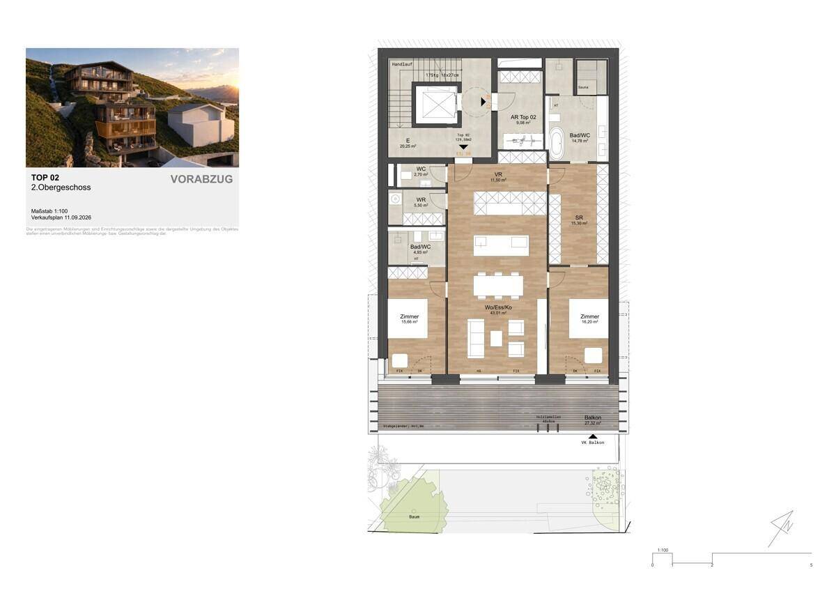 Grundriss des zweiten Obergeschosses mit offenem Wohnbereich, drei Zimmern und Balkon.