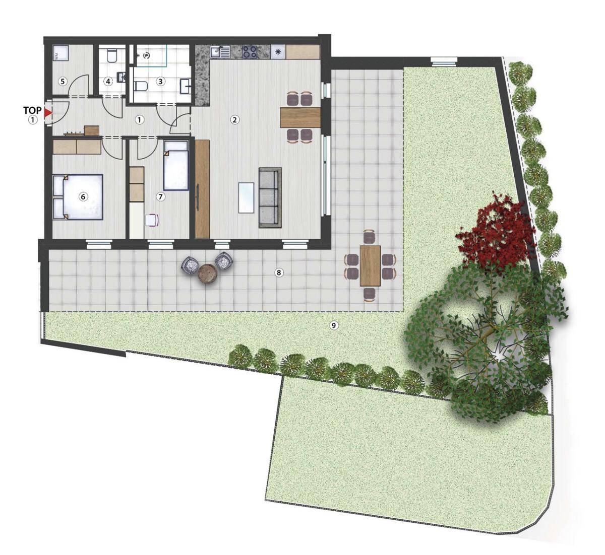 Detaillierter Grundriss einer Wohnung mit Terrasse, Garten und offener Wohnküche.