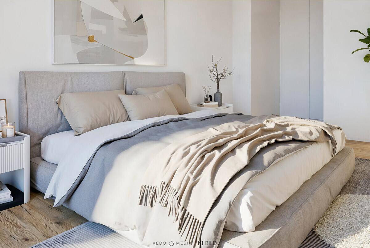 Helles Schlafzimmer mit modernem, gepolstertem Bett, minimalistischer Kunst und Holzboden.