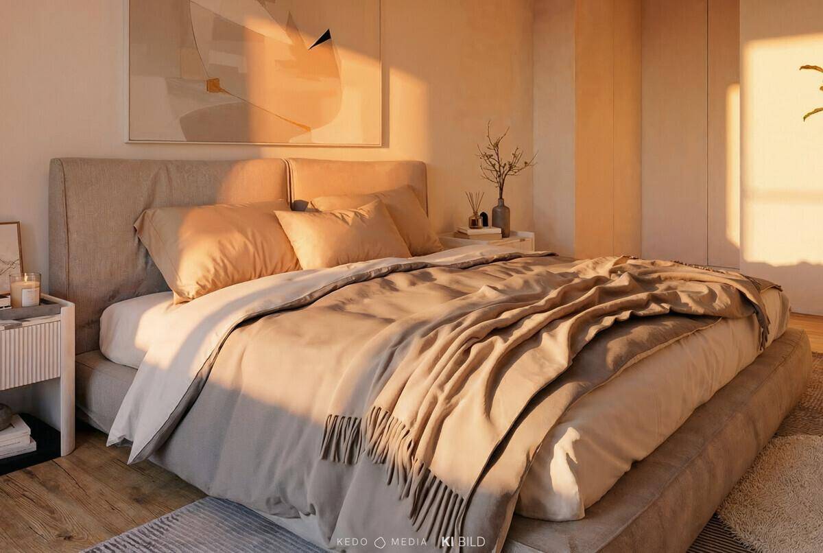 Gemütliches Schlafzimmer mit großem Bett, moderner Einrichtung und warmer Beleuchtung.