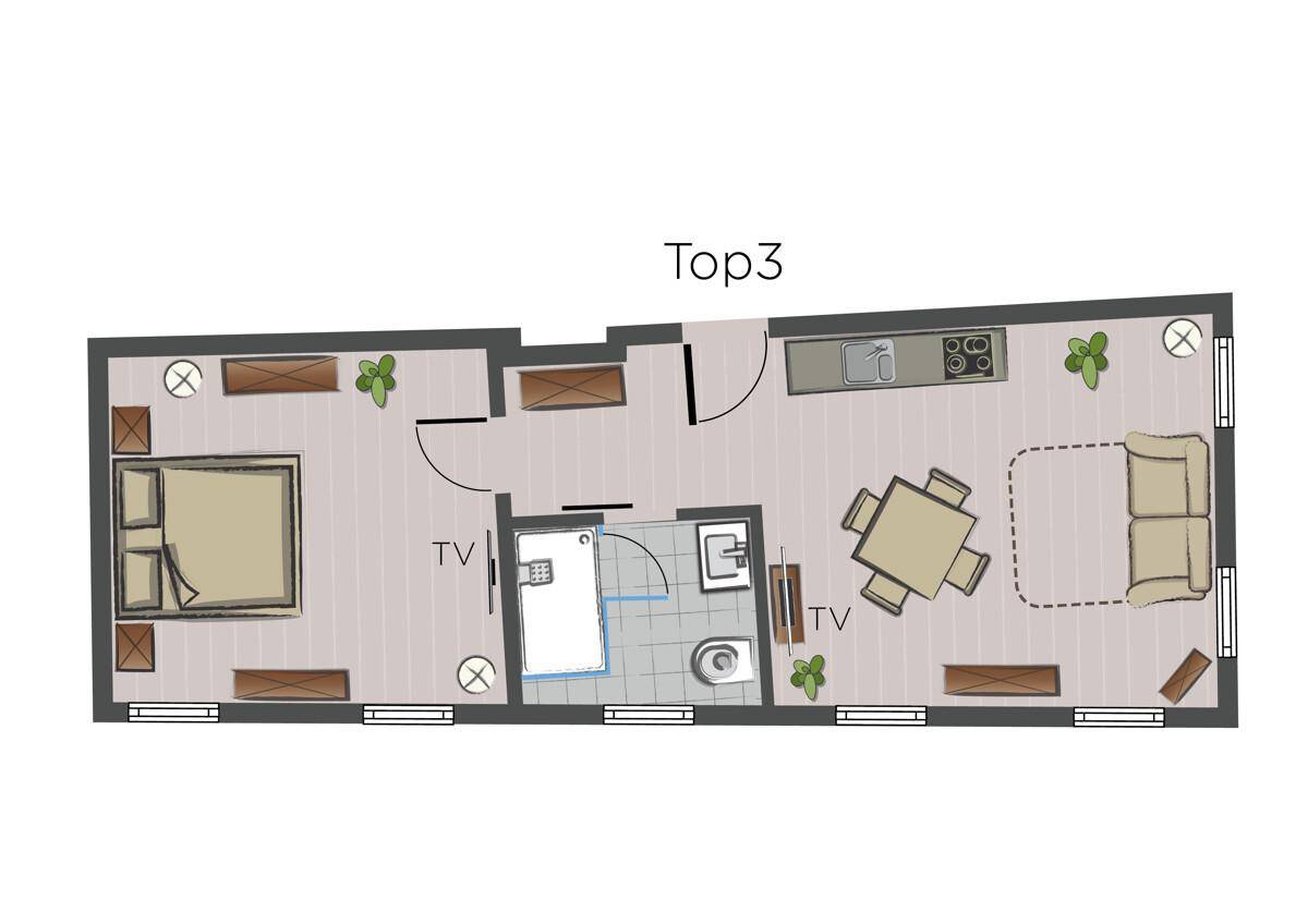 Grundriss der Wohnung Top3 mit Schlafzimmer, Bad und offenem Wohn-Essbereich.