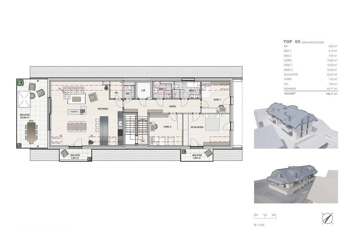 Detaillierter Grundriss der Dachgeschosswohnung TOP 05 mit drei Balkonen und Raumaufteilung.