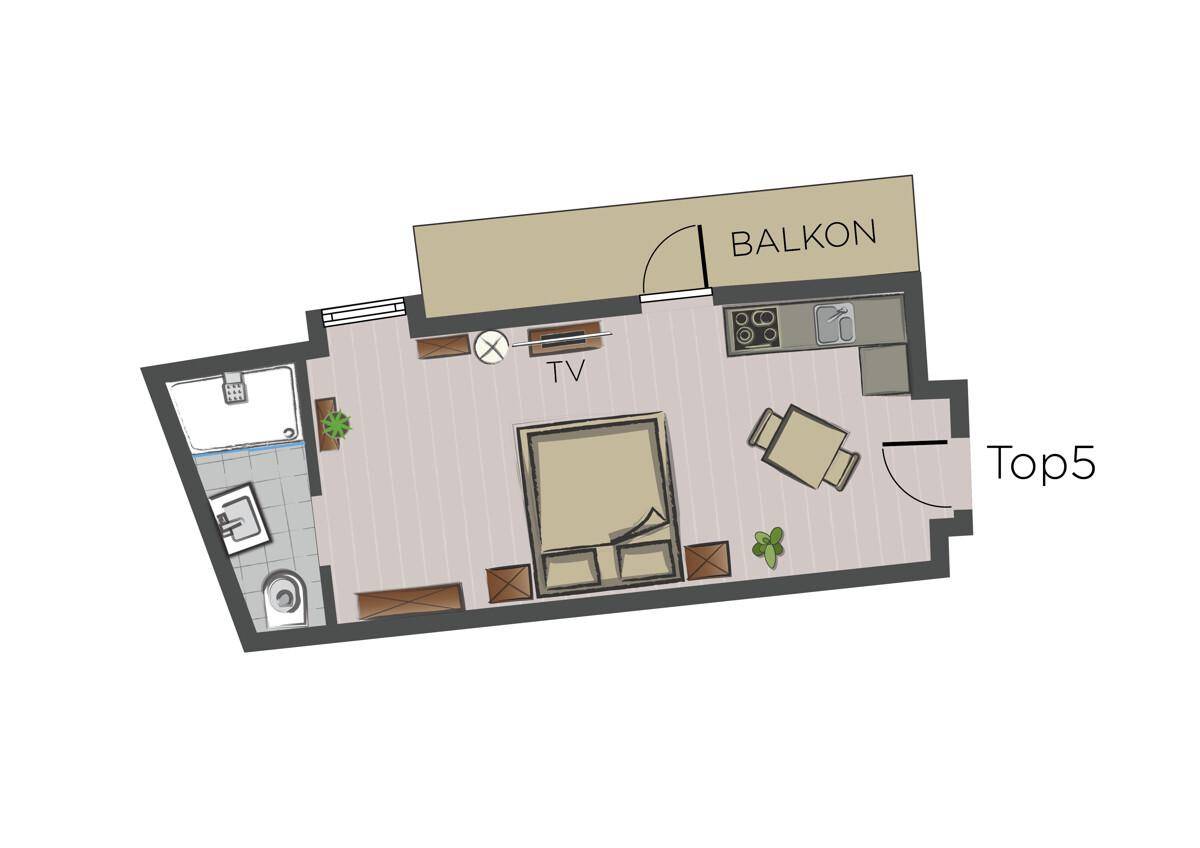 Grundriss einer Wohnung mit Schlafzimmer, Bad, Balkon und offener Küche.