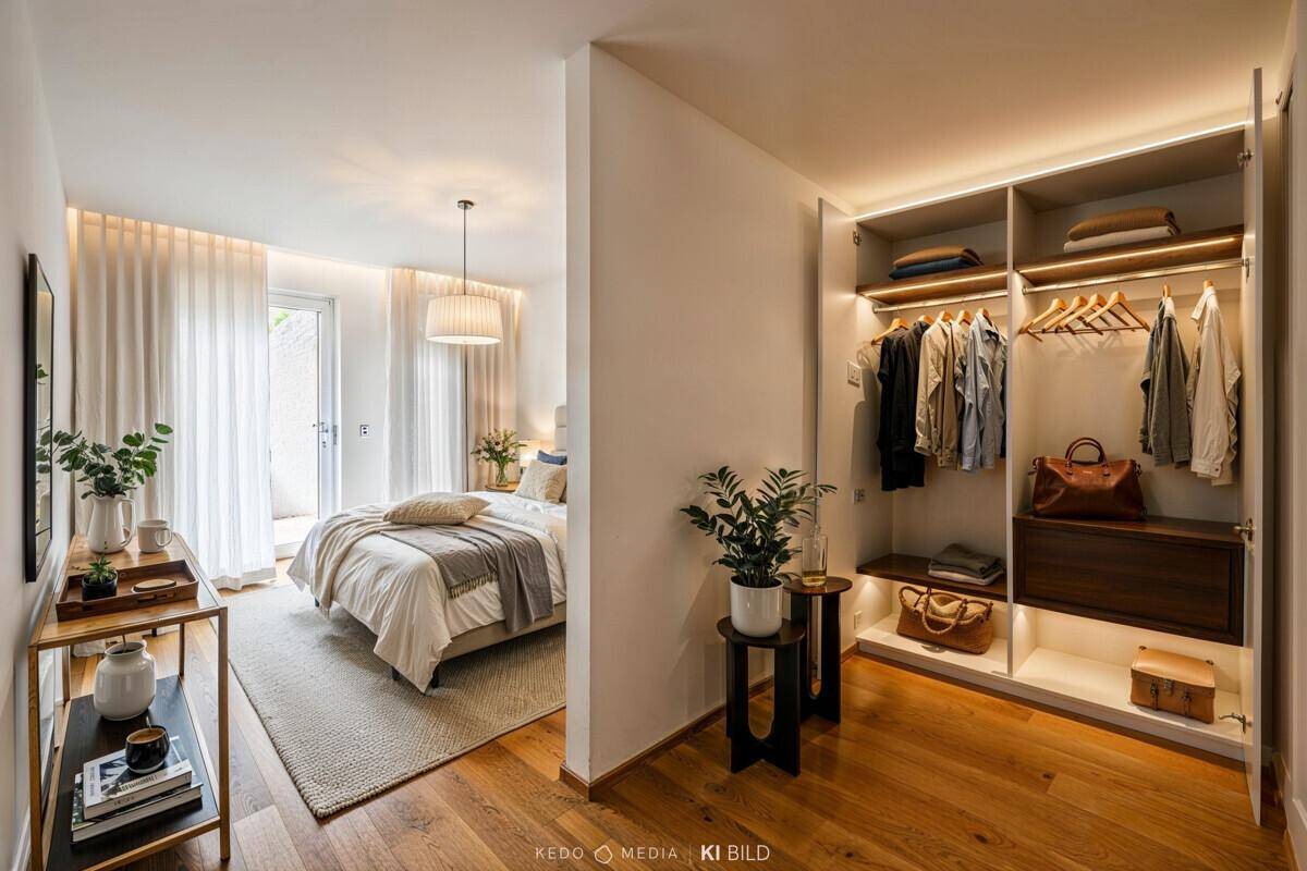 Modernes Schlafzimmer mit Holzboden, integriertem Kleiderschrank und Zugang zu einem Balkon.