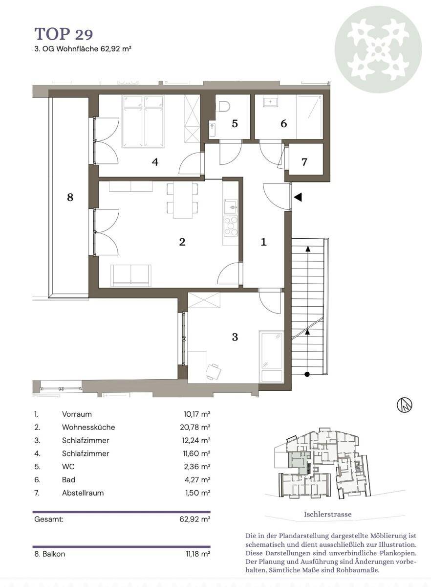 Grundriss der Wohnung TOP 29 im 3. Obergeschoss mit 62,92 m² Wohnfläche und Balkon.