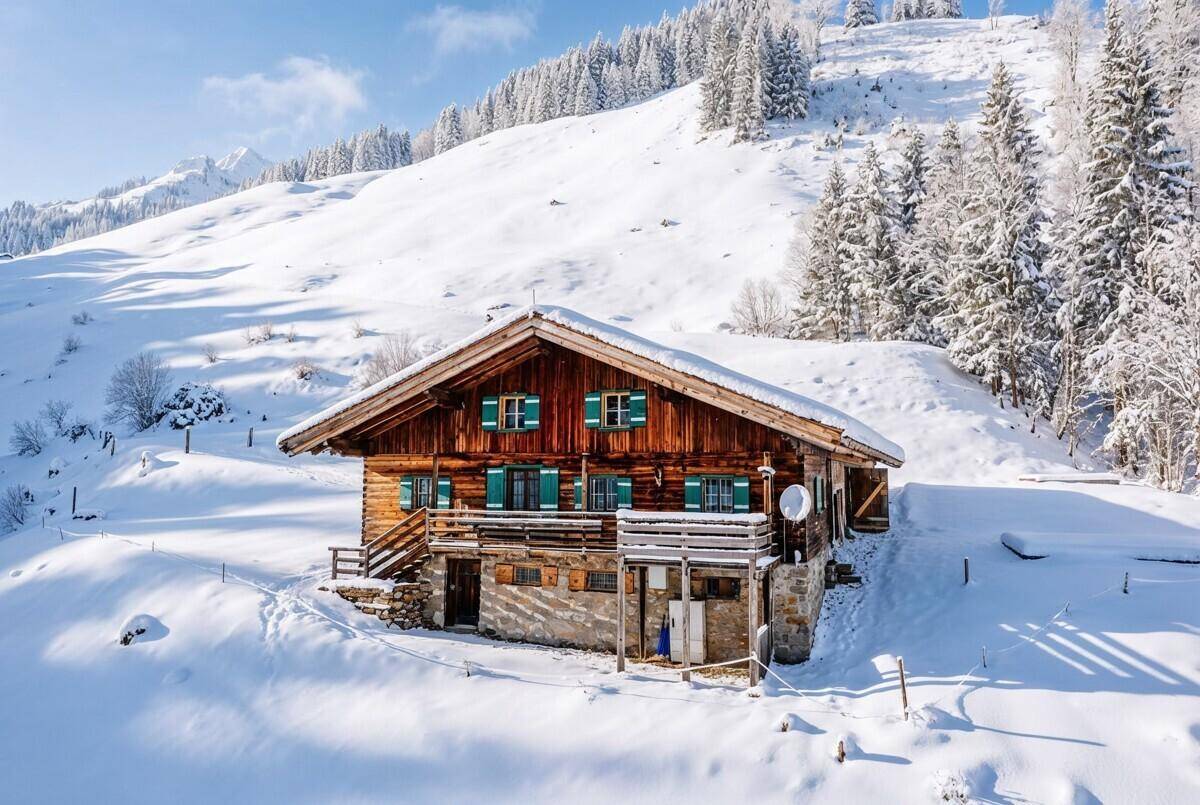 Winterliches Chalet mit verschneitem Dach und Balkon, eingebettet in die Berglandschaft.