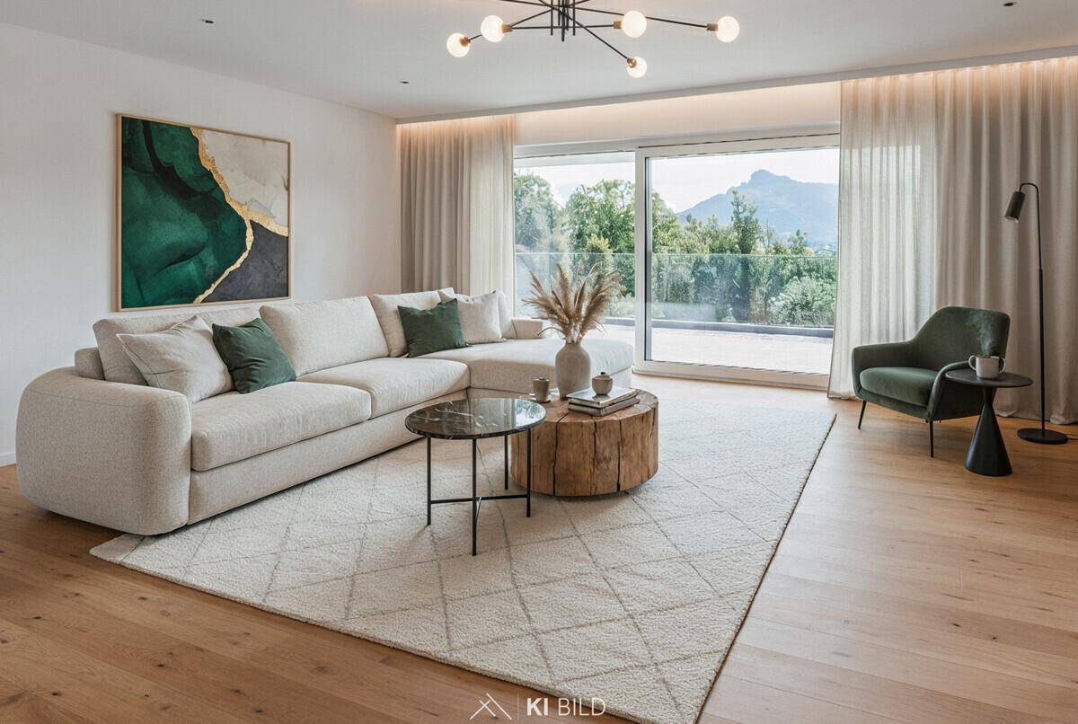 Stilvolles Wohnzimmer mit Ecksofa, Holzboden und raumhohen Fenstern mit Panoramablick.