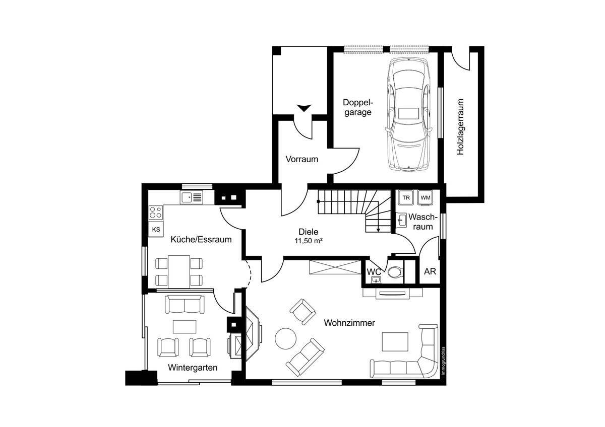 Grundriss des Erdgeschosses mit Wohnzimmer, Küche, Wintergarten und Doppelgarage.