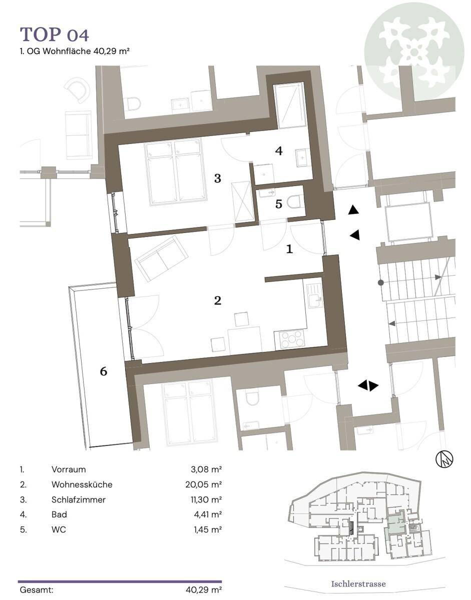 Grundriss der Wohnung TOP 04 im ersten Obergeschoss mit Wohnküche, Schlafzimmer und separatem WC.