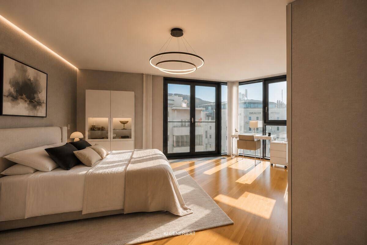 Modernes Schlafzimmer mit Holzboden, großen Fenstern und viel natürlichem Licht.