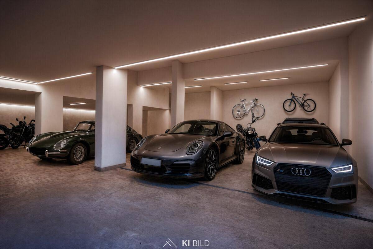 Geräumige Tiefgarage mit mehreren Stellplätzen für Fahrzeuge und Fahrräder.