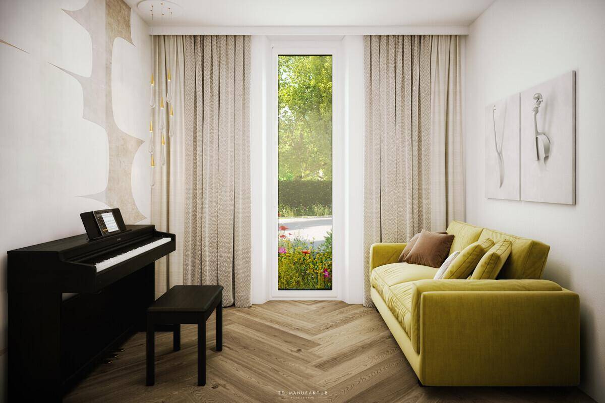 Helles Zimmer mit gelbem Sofa, Klavier und Blick ins Grüne durch das große Fenster.