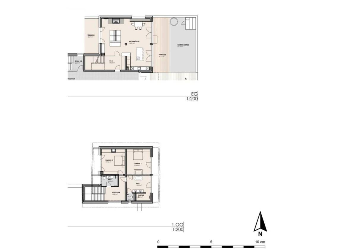 Grundrisspläne für Erdgeschoss und Obergeschoss mit Raumaufteilung.