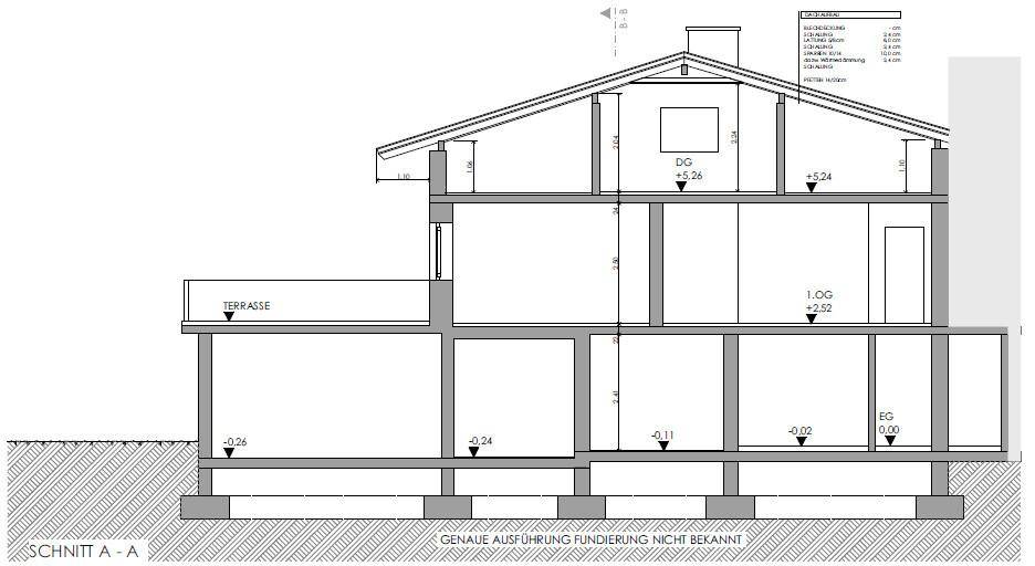 Schnittansicht A-A des Gebäudes zeigt die verschiedenen Stockwerke und die Terrassenstruktur.