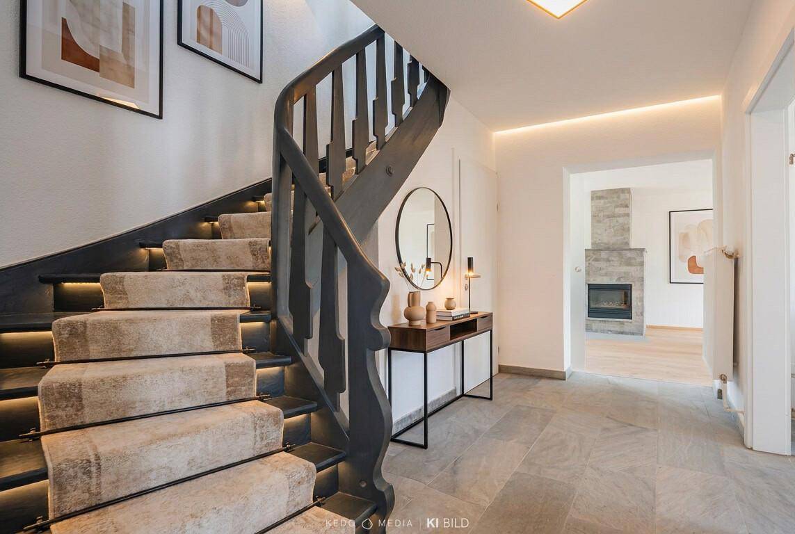 Eleganter Eingangsbereich mit geschwungener Treppe, Teppichstufen und Steinboden.