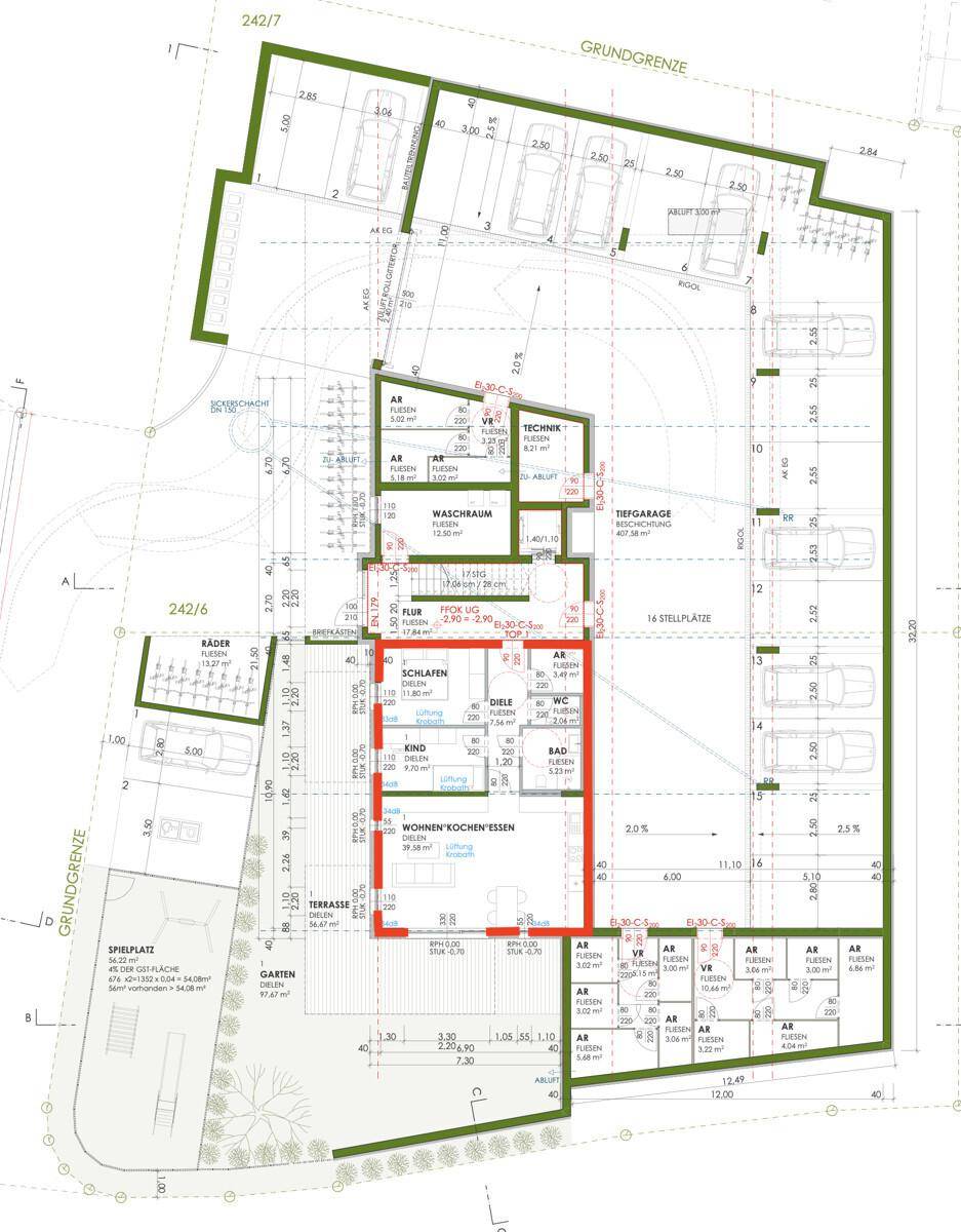 Gesamtgrundriss des Gebäudes mit Tiefgarage, Stellplätzen und Wohnungen.