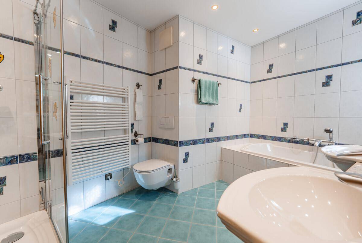 Badezimmer mit blauen und weißen Fliesen, Badewanne, Dusche und beheiztem Handtuchhalter.
