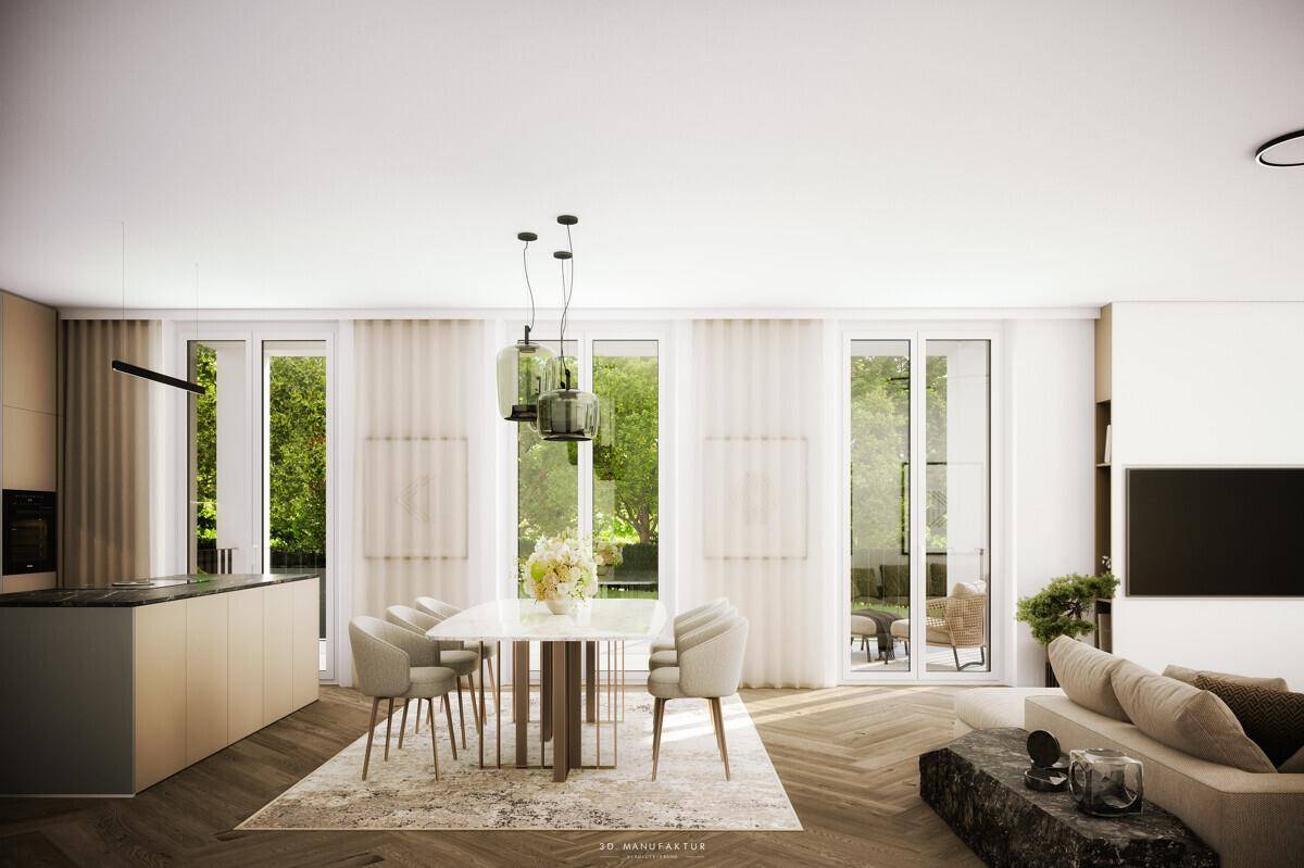 Heller offener Wohn-Essbereich mit moderner Küche, Parkettboden und großen Fensterfronten.