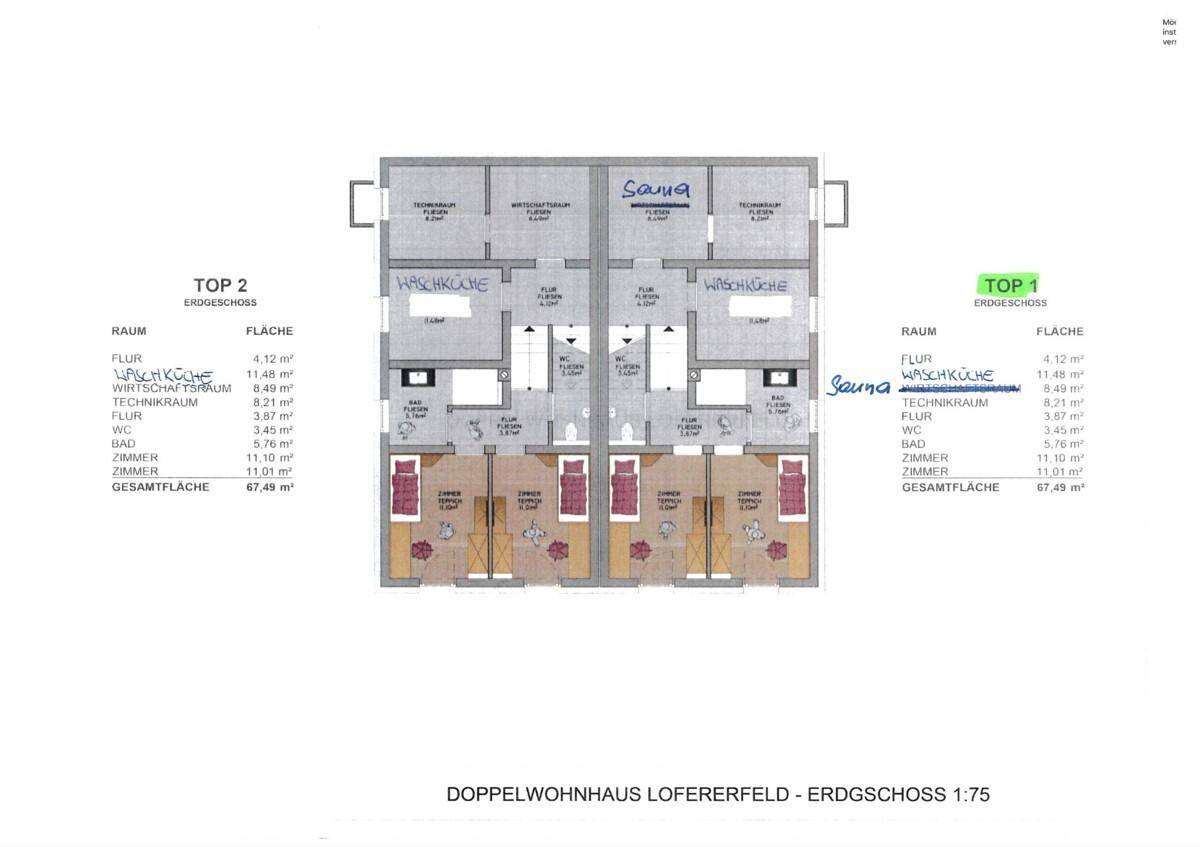 Grundriss des Erdgeschosses eines Doppelwohnhauses mit Sauna und Terrassenzugang.
