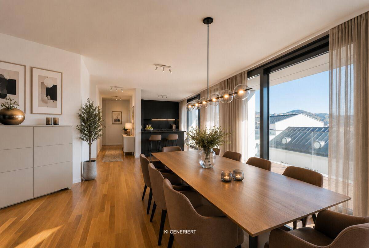 Eleganter Essbereich mit Holztisch, modernen Stühlen und offener Küche im Hintergrund.