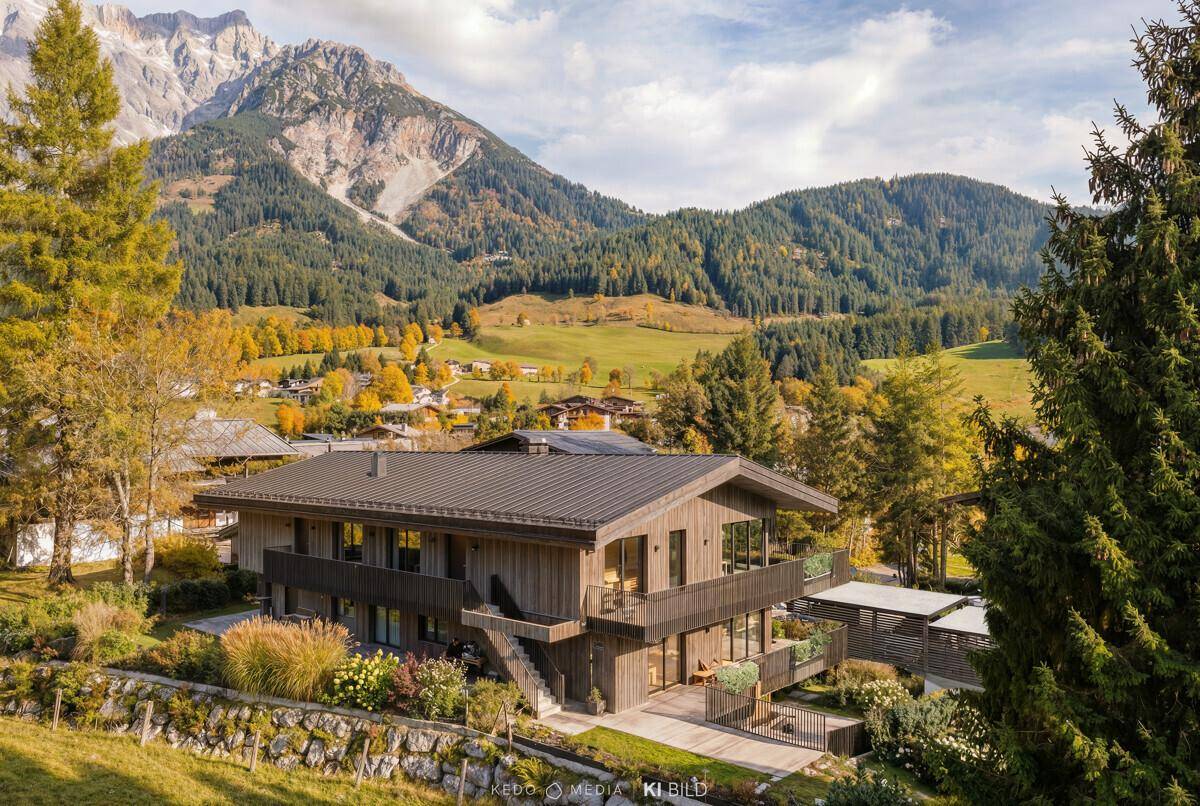 Panoramablick auf das moderne Gebäude mit Holzfassade, Balkonen und Garten in alpiner Umgebung.