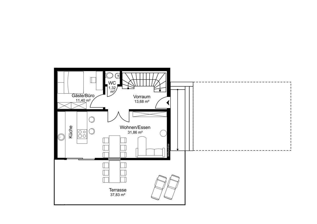 Grundriss des Erdgeschosses mit offenem Wohn-/Essbereich, Küche, Gästezimmer und großer Terrasse.