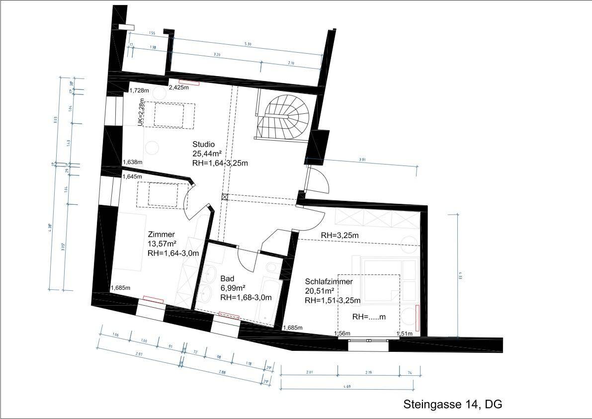 Grundriss des Dachgeschosses mit Studio, Schlafzimmer und Bad.
