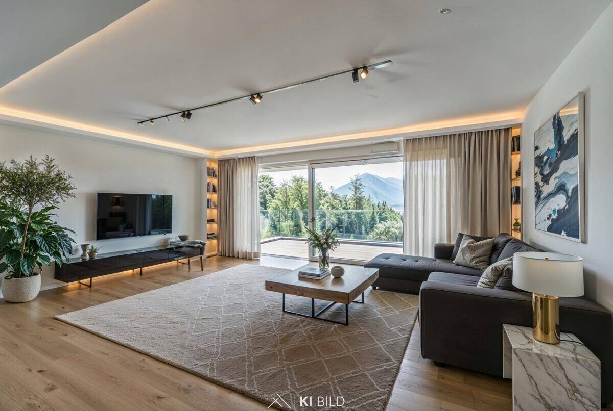 Lichtdurchfluteter Wohnbereich mit bequemer Couch, Holzboden und Zugang zur Terrasse mit Bergsicht.