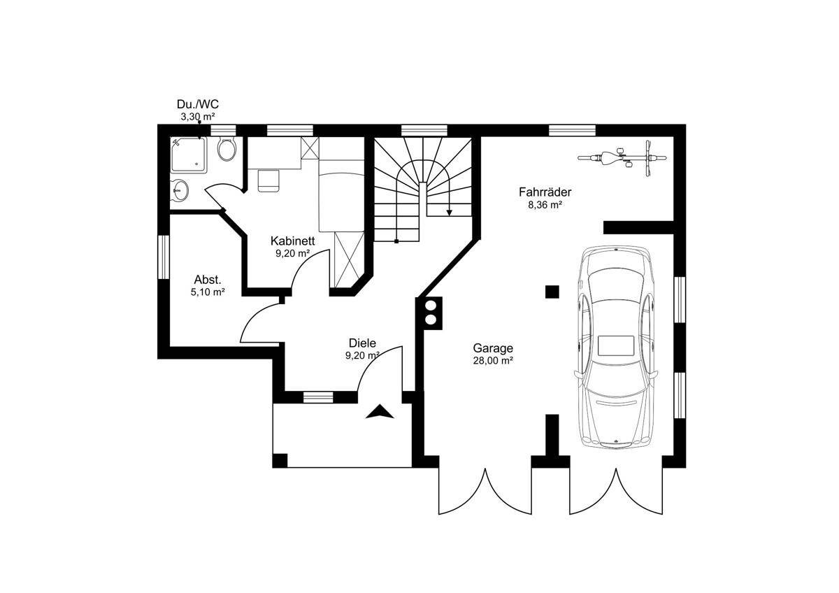 Grundriss des Erdgeschosses mit Garage, Dusch-WC, Abstellraum und einem kleinen Kabinett.