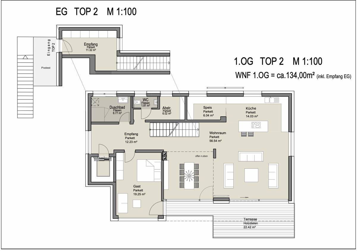 Grundriss des Erdgeschosses und ersten Obergeschosses mit offenem Wohnbereich und Terrasse.
