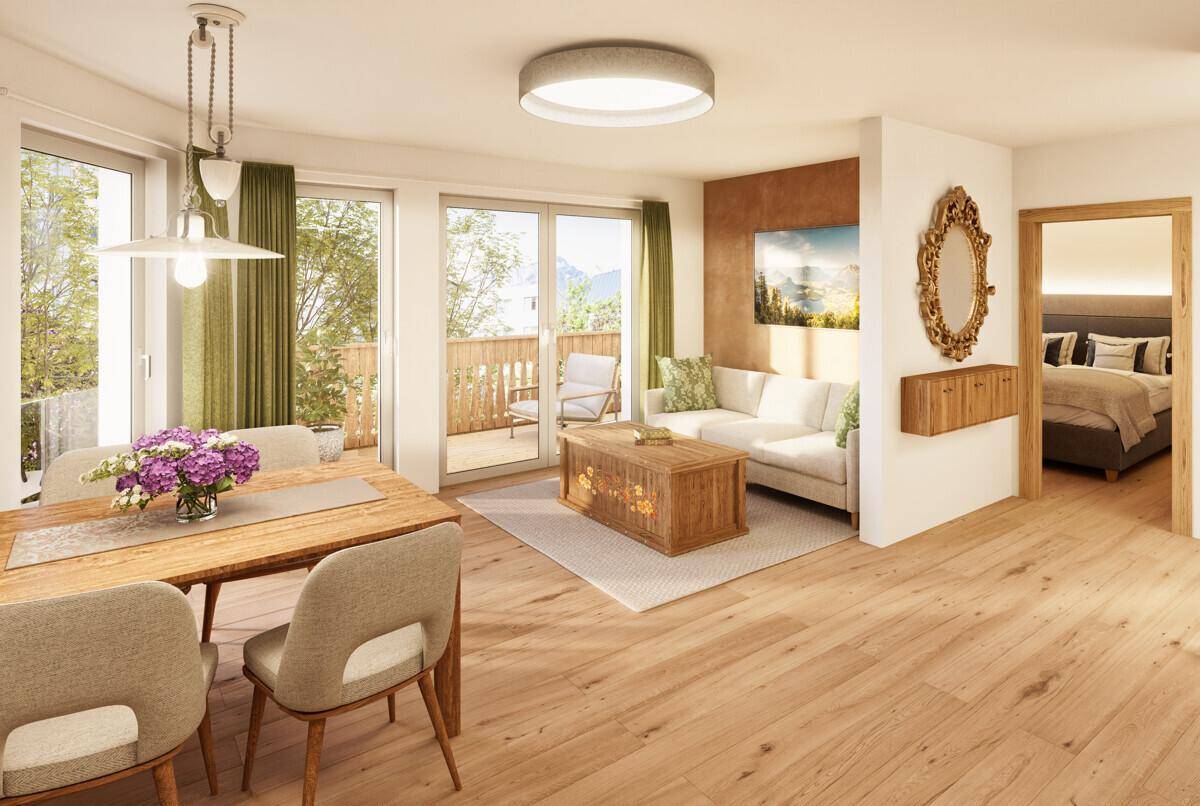 Gemütlicher Wohn-Essbereich mit Balkonzugang und Blick in ein angrenzendes Schlafzimmer.