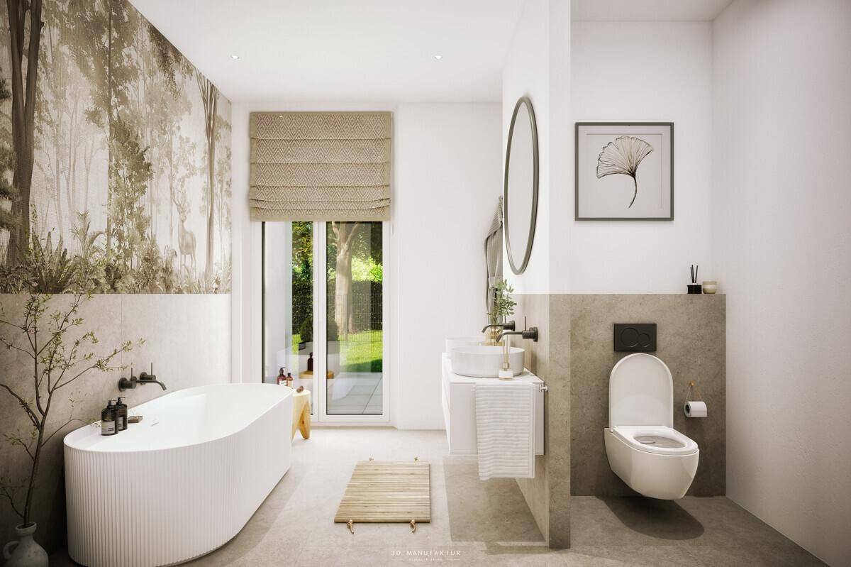 Modernes Badezimmer mit freistehender Badewanne, Einzelwaschbecken und Blick ins Grüne.