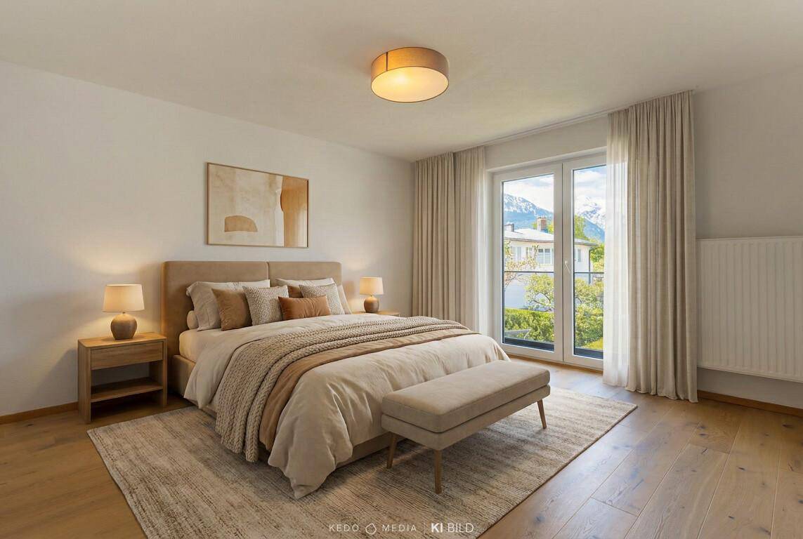 Helles Schlafzimmer mit Doppelbett, Holzboden und Zugang zu einem Balkon mit Bergblick.