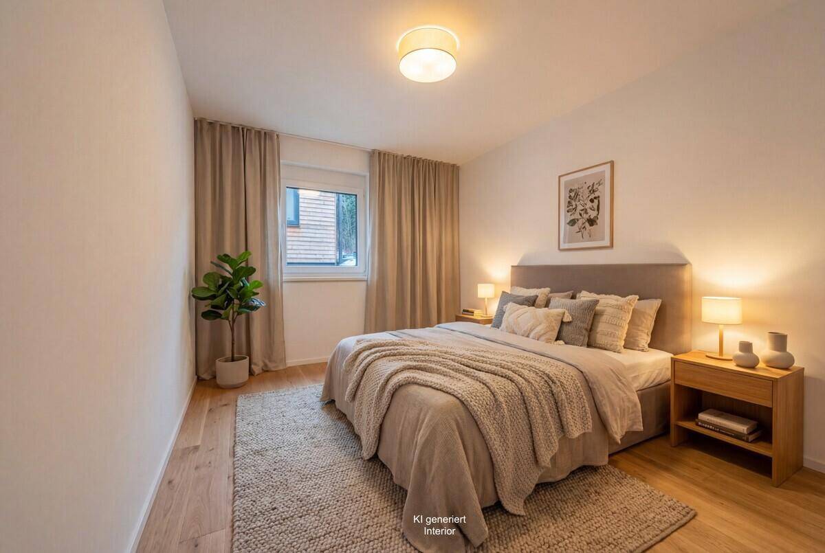 Gemütliches Schlafzimmer mit Holzboden, beigem Teppich und modernem Bett, hell beleuchtet.