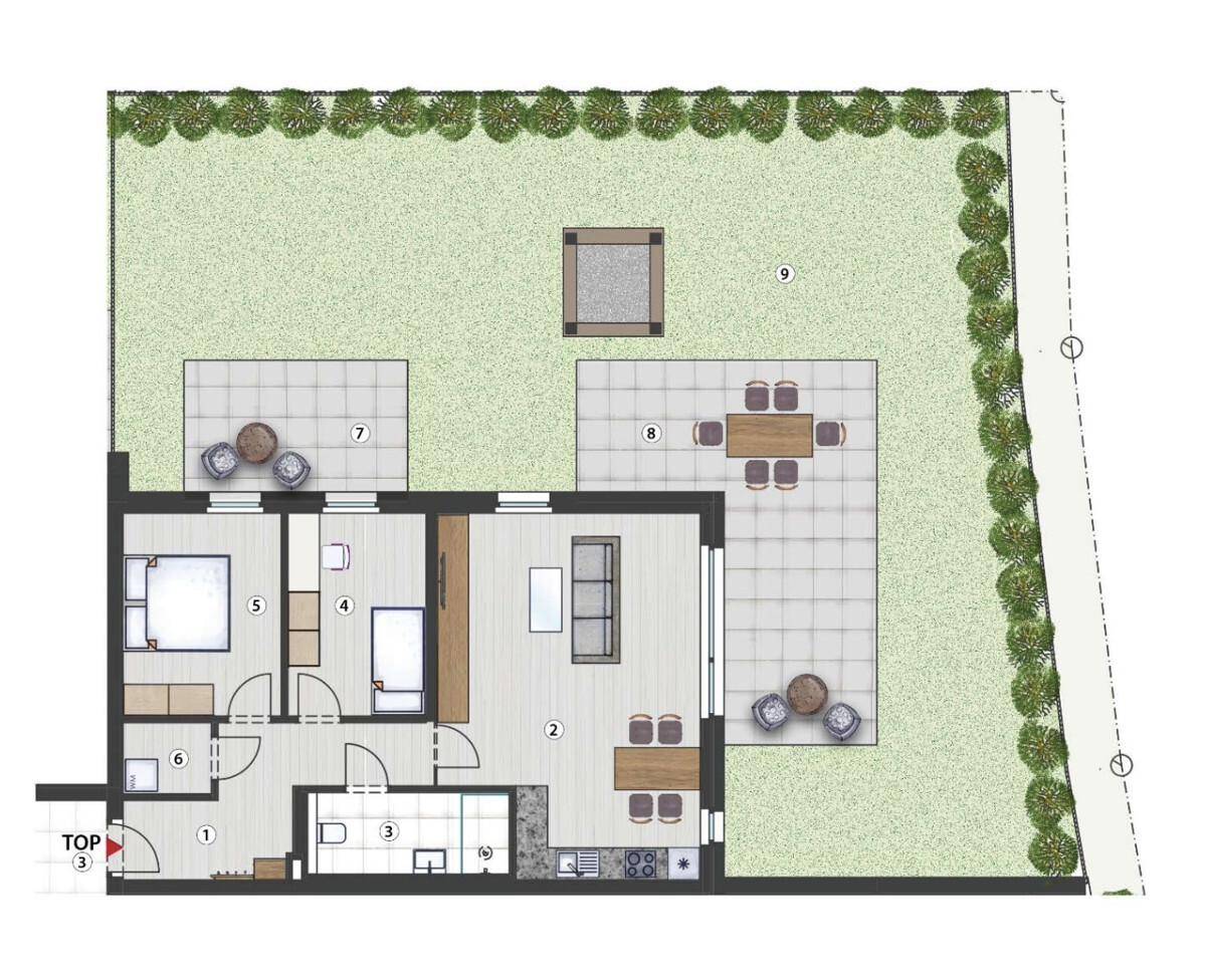 Detaillierter Grundriss einer Wohnung mit zwei Terrassen und einem großen Gartenbereich.