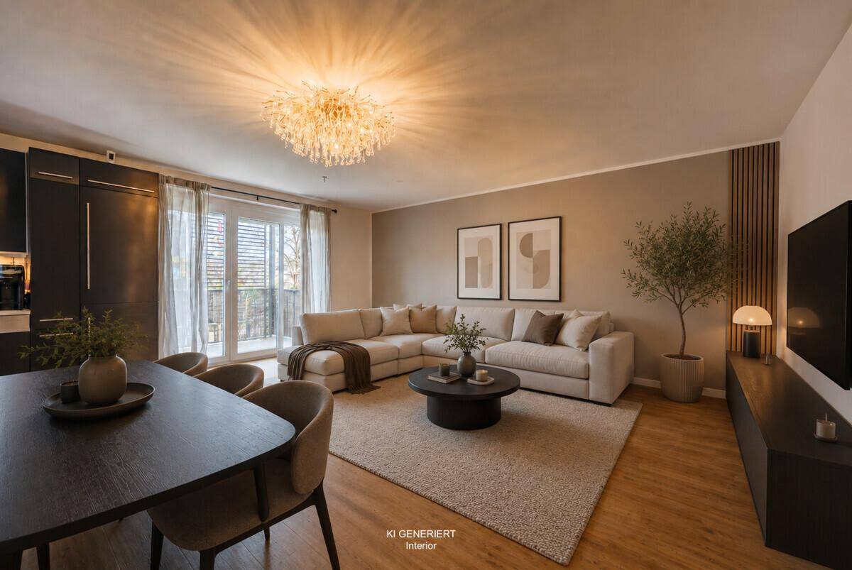 Virtuell möblierter, offener Wohn-Essbereich mit modernem Sofa, Esstisch und Zugang zum Balkon.