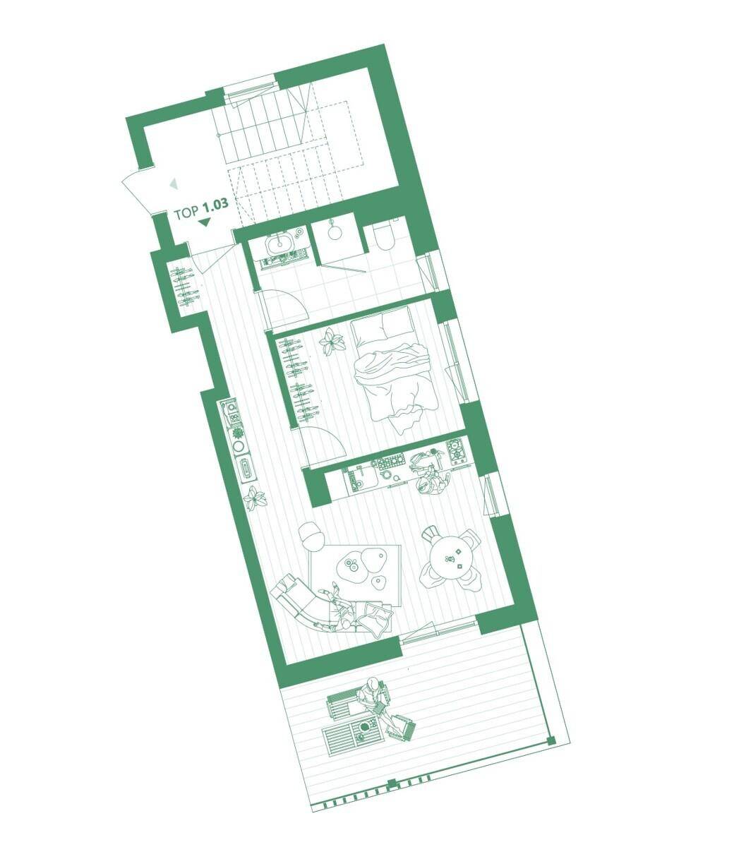Grundriss einer Wohnung mit offenem Wohnbereich, Schlafzimmer, Bad und Balkon.