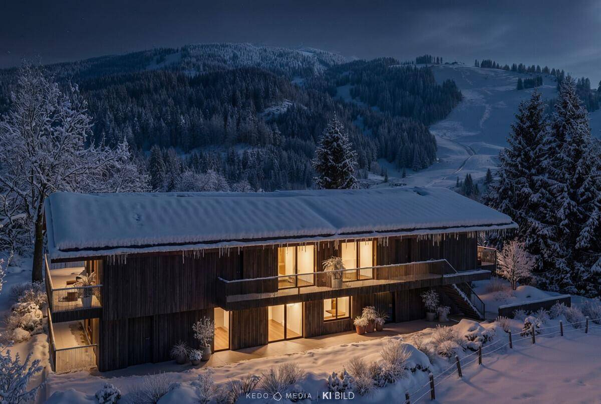 Beleuchtete moderne Holzfassade bei Nacht mit Balkonen und Treppen in verschneiter alpiner Umgebung.