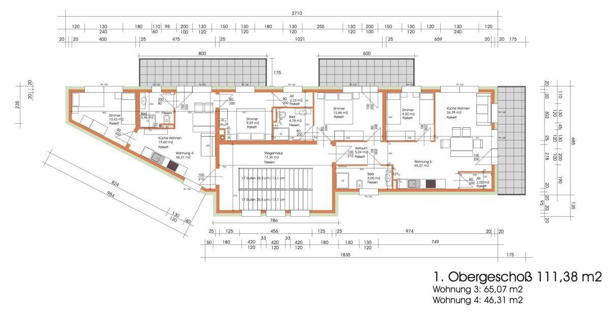 Grundriss des 1. Obergeschosses mit mehreren Wohneinheiten, Balkonen und Terrassen.
